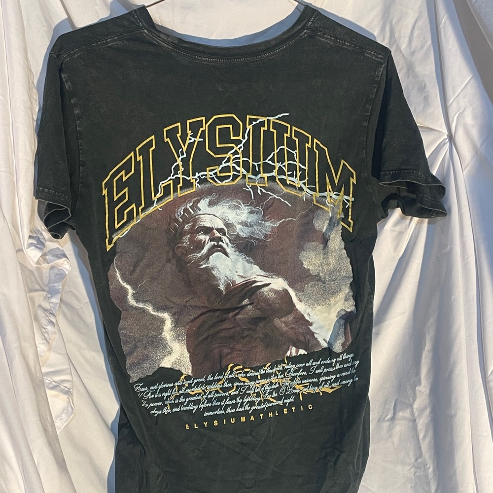 Black Short Sleeve Tee with Bold Graphic Design Elysium